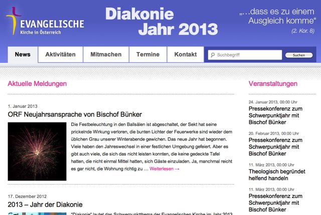 Eine eigens eingerichtete Homepage bietet laufend aktuelle Informationen zum Schwerpunktjahr Diakonie. (Screenshot: epdÖ/S.Janits)