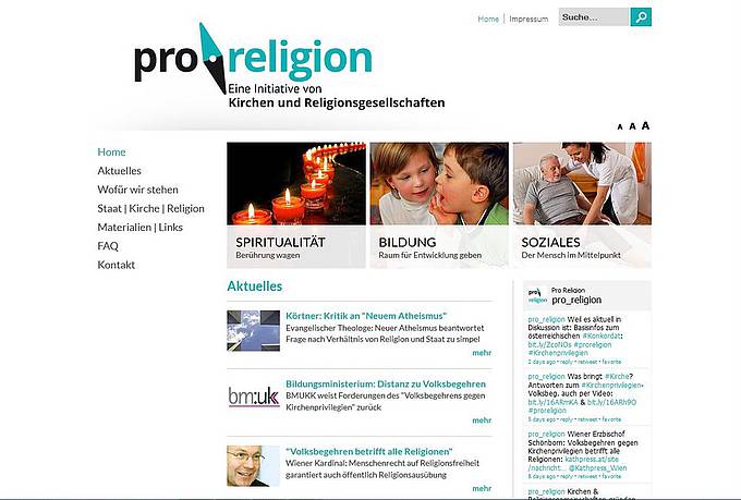 Auf der Internetseite www.pro-religion.at präsentieren sich die 14 anerkannten Kirchen und Religionsgemeinschaften Österreichs erstmals gemeinsam. (Screenshot von www.pro-religion.at)