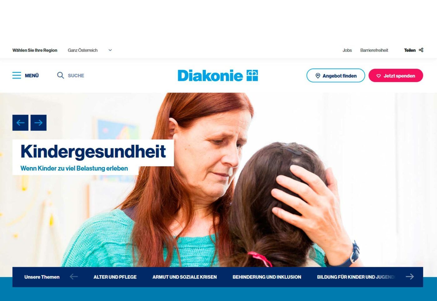 Auf der Website finden sich neben allgemeinen Infos auch News, Reportagen und Interviews. Foto: Diakonie Österreich/Screenshot