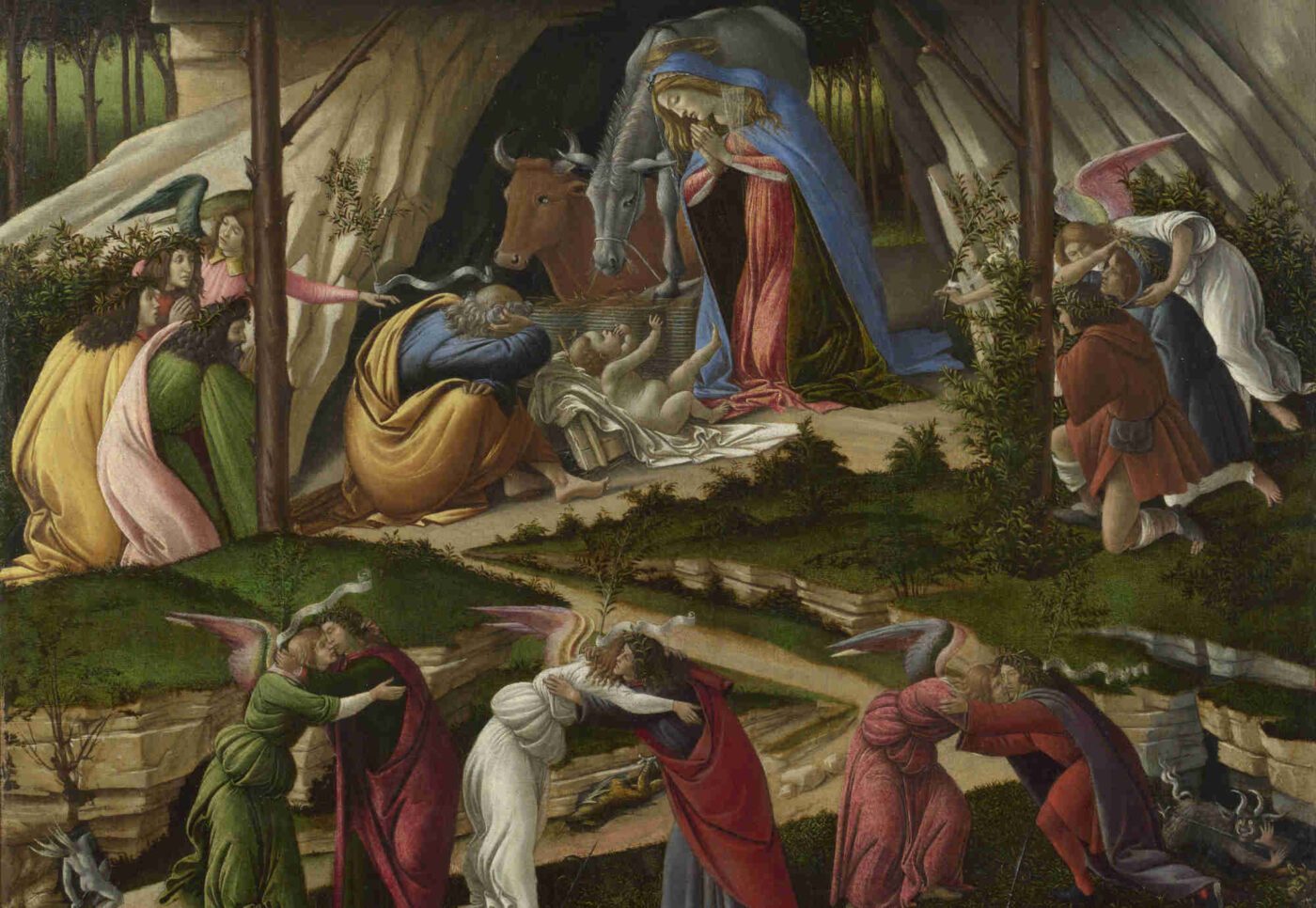 Gott kommt als Baby zur Welt, „als Kind in all seiner Schwachheit, sich an unsere Seite zu stellen“. Bild: Sandro Botticelli "Mystische Geburt" 1500 (Ausschnitt), wikimedia/Crisco 1492, Public Domain