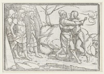 Der abgesetzte Heerführer Joab küsst Amasa, nach einer Darstellung von Hans Holbein dem Jüngeren (1538). (Foto: Wikimedia/CC)