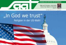 Die Oktober-Ausgabe der „SAAT“ bringt eine Analyse der großen Rolle, die die Religion im Vorfeld der Präsidentschaftswahl in den USA spielt. (Grafik: EPV)